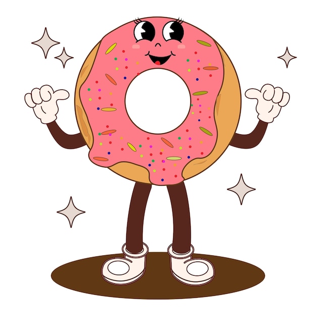personnage de dessin animé rétro groovy donut mascotte de fast food vintage nostalgie des années 60 80 avec psychédélique