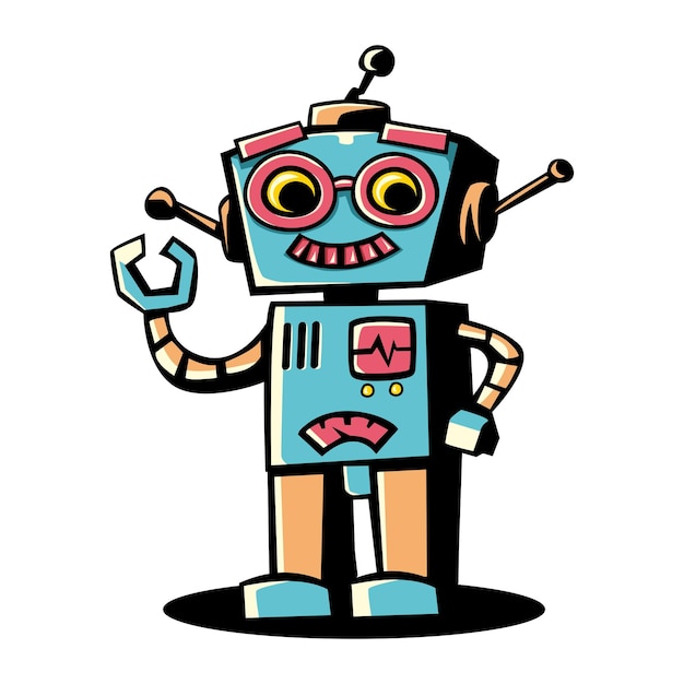 Un personnage de dessin animé de robot rétro debout avec les mains levées