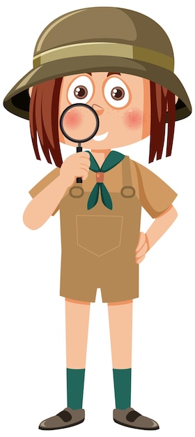 Personnage De Dessin Animé De Scout Fille Mignonne Tenant La Loupe