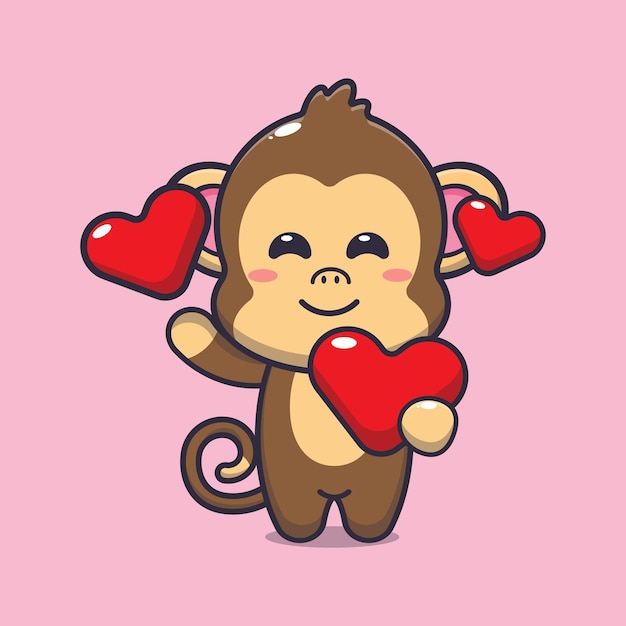 Personnage De Dessin Animé De Singe Mignon Tenant Le Coeur D'amour à La Saint Valentin