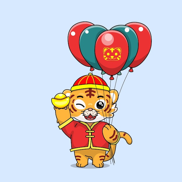 Personnage De Dessin Animé De Tigre De Célébration Du Nouvel An Chinois Tenant Des Ballons Et Des Pièces D'or