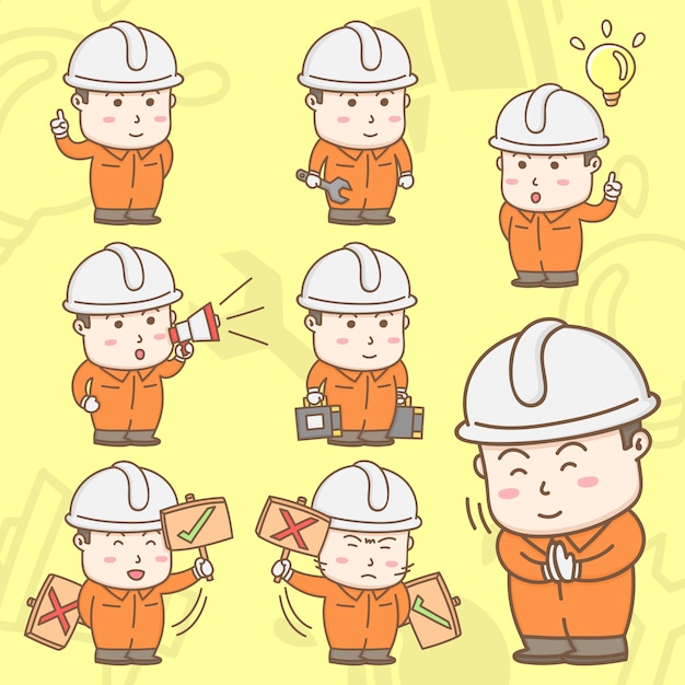 Vecteur personnage de dessin animé de travailleurs industriels en combinaison de sécurité avec des actions mignonnes
