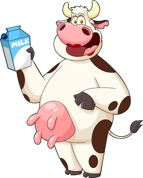 Vecteur personnage de dessin animé de vache heureuse tenant une boîte à lait illustration dessinée à la main vectorielle