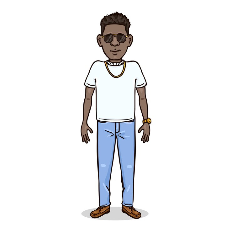Vecteur personnage de dessin animé vectoriel riche jeune homme afro-américain en t-shirt blanc et jeans