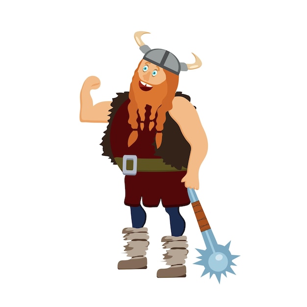 Vecteur personnage de dessin animé viking. un homme à la barbe rousse, musclé et vantard, armé d'une masse à pointes.