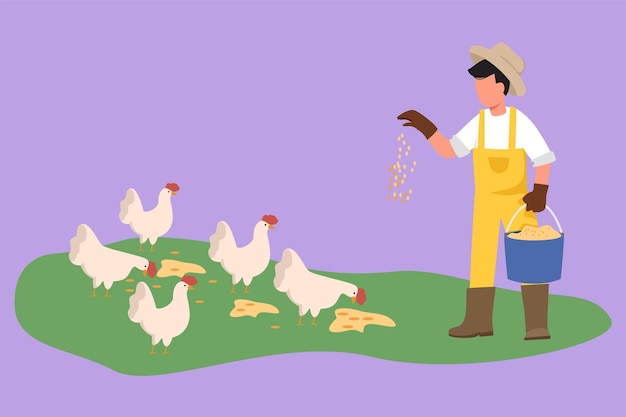 Personnage dessin plat jeune agriculteur tenant un seau de graines et nourrissant des poulets et des poules Agriculture de campagne Scène rurale avec ouvrier agricole et volaille Illustration vectorielle de dessin animé