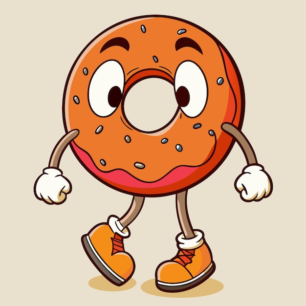 Un personnage de donut rétro Une illustration ludique et bizarre d'un donut marchant portant des baskets avec des yeux