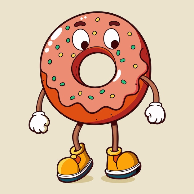 Un personnage de donut rétro Une illustration ludique et bizarre d'un donut marchant portant des baskets avec des yeux