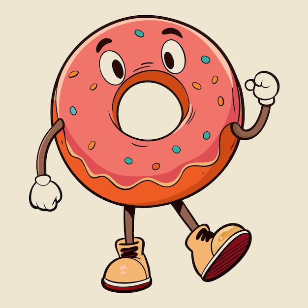 Un personnage de donut rétro Une illustration ludique et bizarre d'un donut marchant portant des baskets avec des yeux