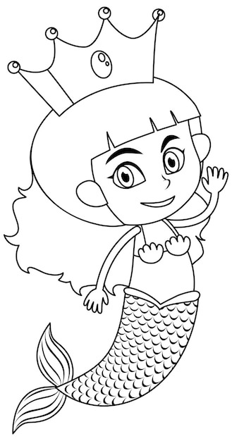 Vecteur personnage de doodle noir et blanc de sirène