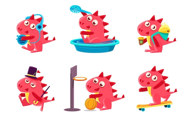 Vecteur un personnage de dragon mignon et drôle un animal fantastique et drôle dans différentes situations illustration vectorielle
