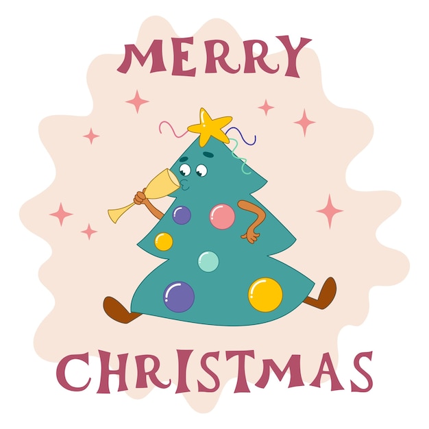 Personnage drôle d'arbre de Noël boit du champagne Style de dessin animé Joyeux Noël Illustration vectorielle