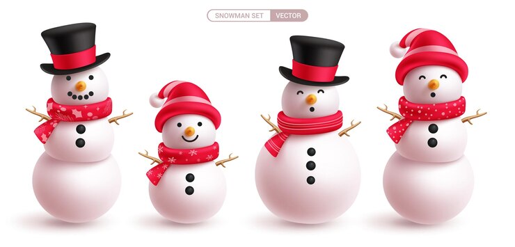 Vecteur le personnage du bonhomme de neige de noël porte un chapeau de magicien et un foulard rouge.