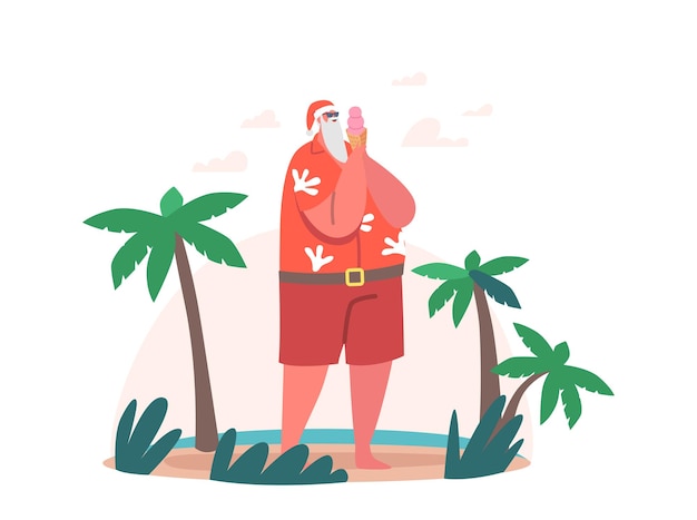Personnage du Père Noël en lunettes de soleil et vêtements de hipster dégustant des glaces à la plage avec des palmiers tropicaux. Vacances de Noël et du Nouvel An, Ocean Resort Relax. Illustration vectorielle de dessin animé