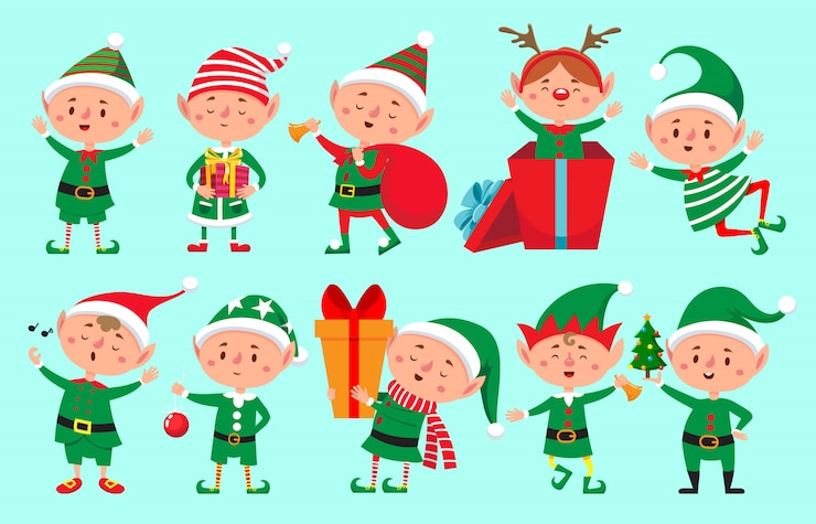 Vecteur personnage elfe de noël. aides du père noël, personnages drôles de lutins nains