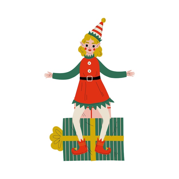 Le personnage d'un elfe de Noël assis sur une boîte à cadeaux, la jolie fille, le Père Noël, l'assistant, l'illustration vectorielle