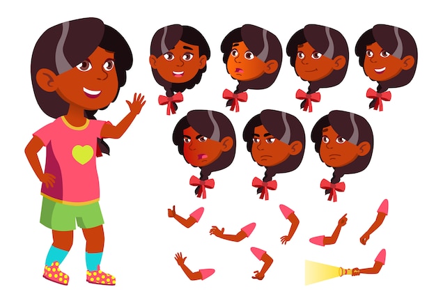 Personnage Enfant Fille. Indien. Création Constructeur Pour L'animation. Face Aux émotions, Les Mains.