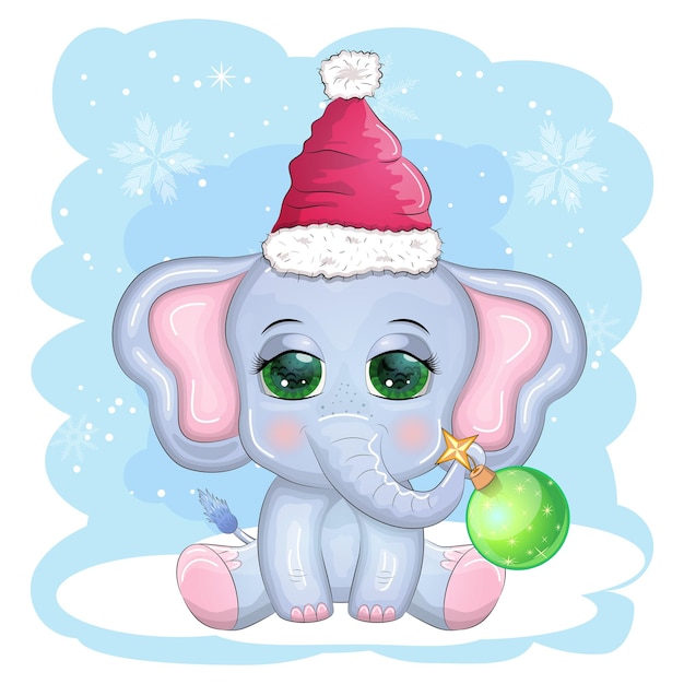 Personnage enfantin d'éléphant de dessin animé mignon avec de beaux yeux portant une écharpe de bonnet de noel tenant une boule de noël cadeau