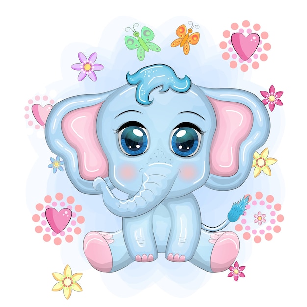 Personnage enfantin d'éléphant de dessin animé mignon avec de beaux yeux