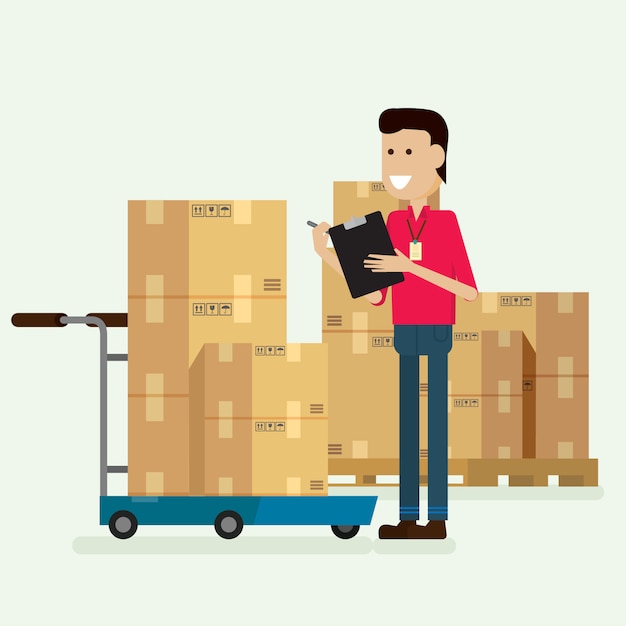 Personnage d'entrepôt vérifiant les marchandises