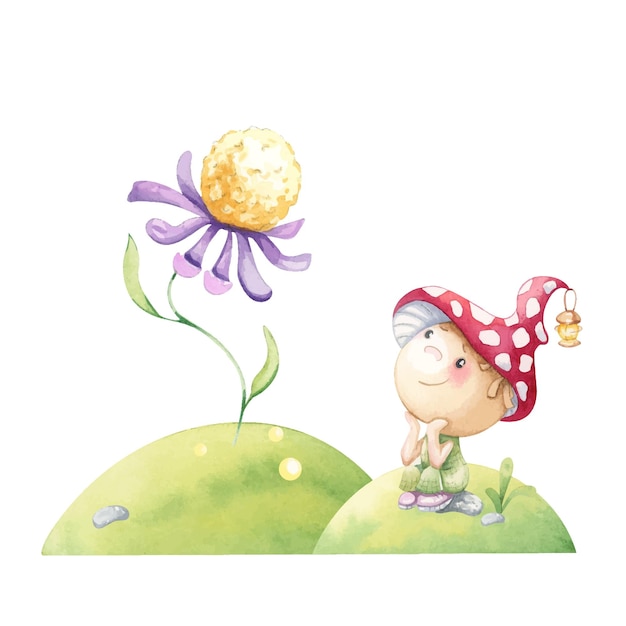 Vecteur le personnage est un gnome de la forêt prairie de fleurs d'herbes illustration dessinée à la main à l'aquarelle
