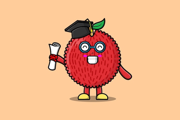 Personnage étudiant Litchi Mignon Dessin Animé Le Jour De La Remise Des Diplômes Avec Toge Dans Le Style De Dessin Animé Plat Concept