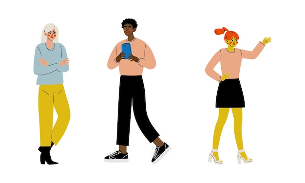 Un personnage étudiant à la mode avec un smartphone et la main levée à la recherche d'un jeu vectoriel de réponses