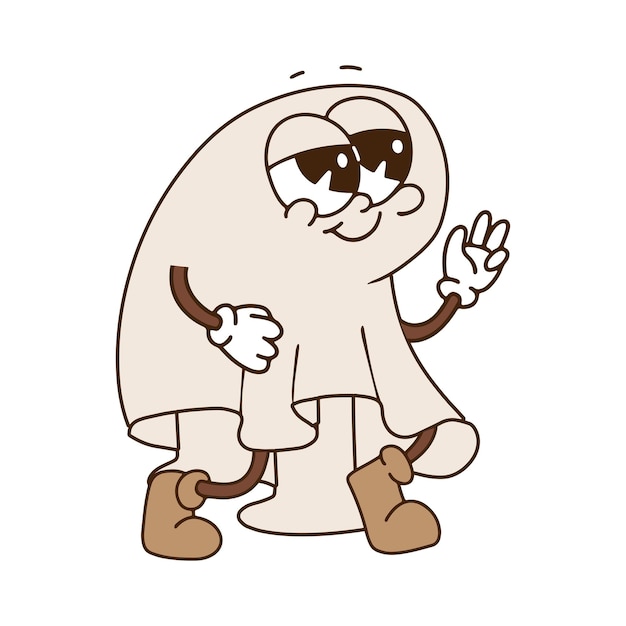 Personnage Fantôme De Feuille Blanche Dans Le Dessin à La Main De Contour De Mascotte Groovy De Style Dessin Animé Rétro Vintage