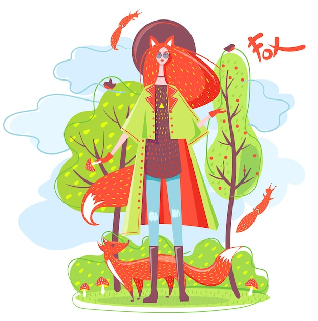 Personnage de fée renard garou style plat Fille aux cheveux rouges Scène de la forêt