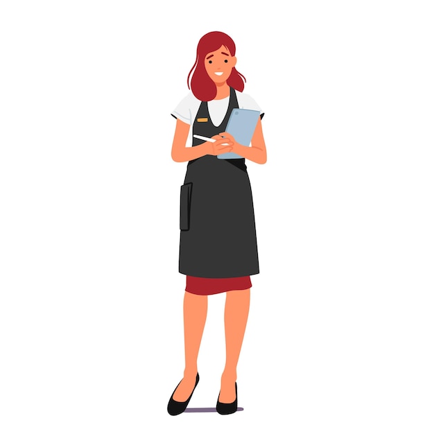Le personnage féminin de l'administrateur du restaurant porte un uniforme tenant une tablette et un stylo supervise les opérations quotidiennes, gère le personnel et assure le fonctionnement de l'établissement Illustration vectorielle de personnes de dessin animé