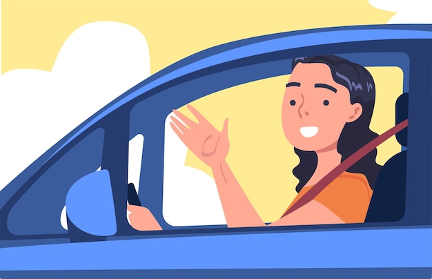 Personnage féminin conduisant une voiture assis sur le siège du conducteur à l'intérieur du véhicule Illustration vectorielle
