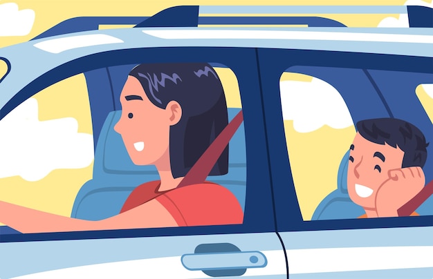 Personnage féminin conduisant une voiture assis sur le siège du conducteur avec un passager à l'intérieur de l'illustration vectorielle du véhicule