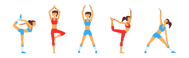 Vecteur personnage féminin faisant du yoga stand dans asana vector set femme mince engagée dans l'activité sportive et de remise en forme