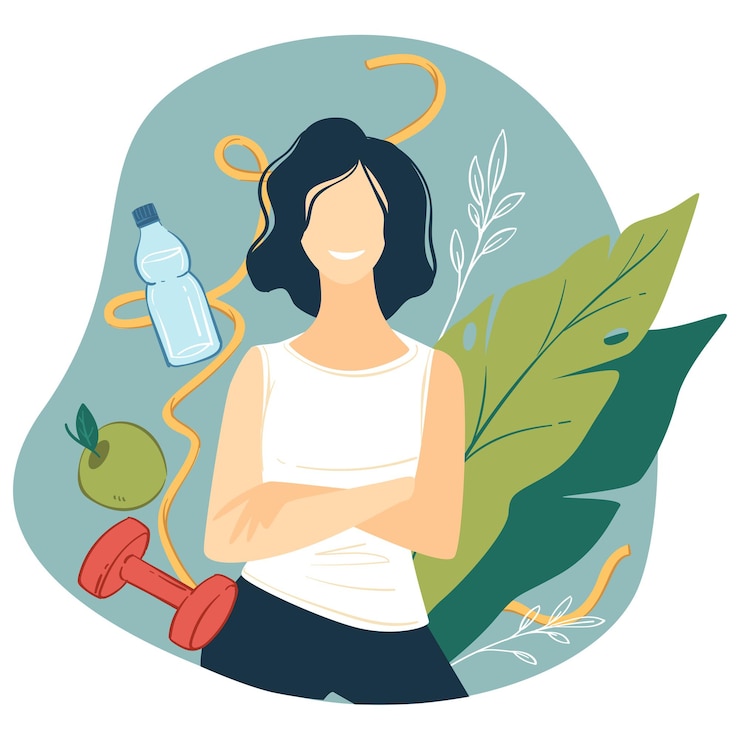 Vecteur personnage féminin heureux menant un mode de vie sain, buvant de l'eau, mangeant des fruits et suivant un régime. femme s'entraînant et faisant de l'exercice pour améliorer la santé de l'organisme. vecteur de nutrition et d'équilibre à plat