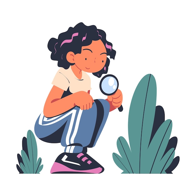 Personnage féminin avec loupe étudiant la nature explorant l'herbe verte illustration vectorielle