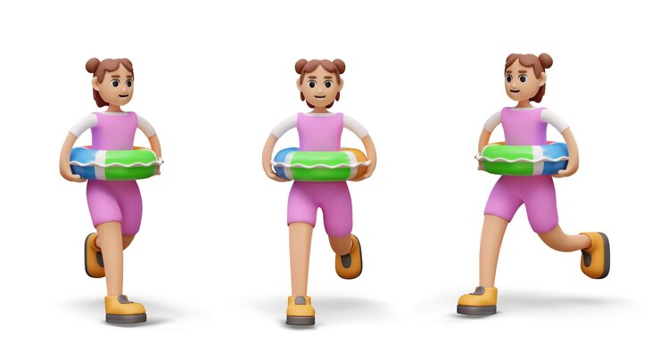 Vecteur le personnage féminin en maillot de bain rose fermé court vers l'eau