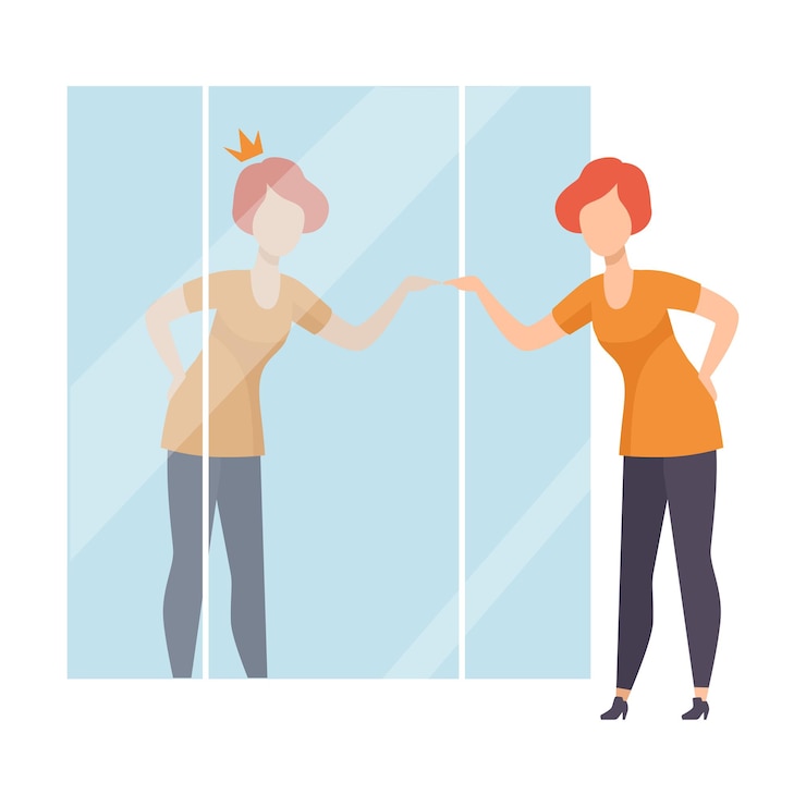 Vecteur personnage féminin narcissique regardant dans le miroir et se voyant dans le reflet avec une couronne sur la tête fille surestime elle-même confiance en soi motivation illustration vectorielle sur fond blanc