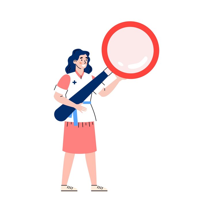 Personnage féminin de petit docteur avec illustration de vecteur de dessin animé loupe isolé