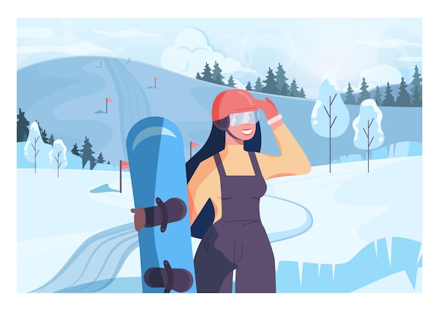 Personnage Féminin Tenant Un Snowboard. Snowboarder Avec Un Snowy