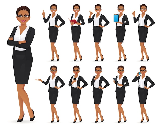 Vecteur personnage de femme d'affaires dans différentes poses set vector illustration