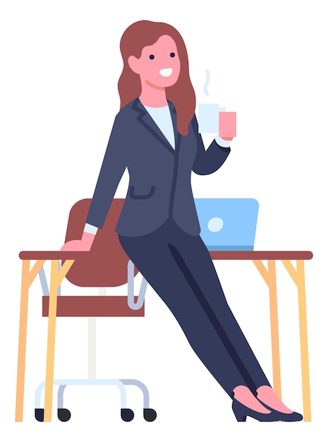 Personnage de femme d'affaires Employée de bureau Femme d'affaires en tenue de soirée Employé boit une boisson chaude Pause-café Lieu de travail de bureau Ordinateur portable sur la table Gestionnaire de vecteur pose relaxante