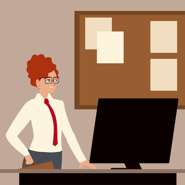 Personnage de femme d & # 39; affaires avec ordinateur sur illustration de bureau de bureau