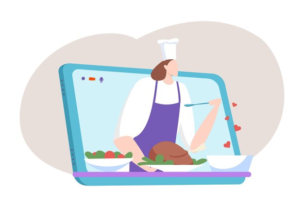 Vecteur personnage de femme cuisiner des aliments femelle en ligne internet blogging technologie ordinateur portable appareil vecteur plat