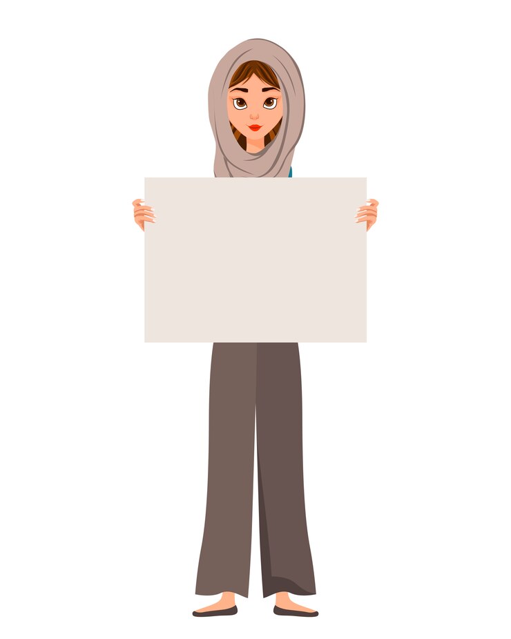 Personnage de femme dans une écharpe avec une plaque vierge