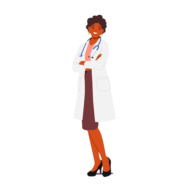 Personnage De Femme Médecin Confiant Et Professionnel Avec Stéthoscope Debout Avec Les Bras Croisés Et Sourire