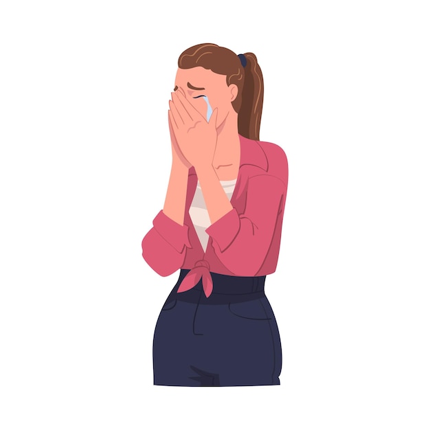Personnage de femme pleurante pleurant et sanglotant couvrant son visage avec ses mains illustration vectorielle
