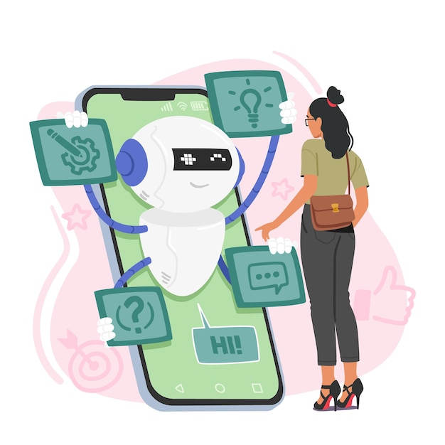 Personnage de femme utilisant le service Chatbot sur son téléphone interagit avec le chat bot pour résoudre l'illustration vectorielle de requête