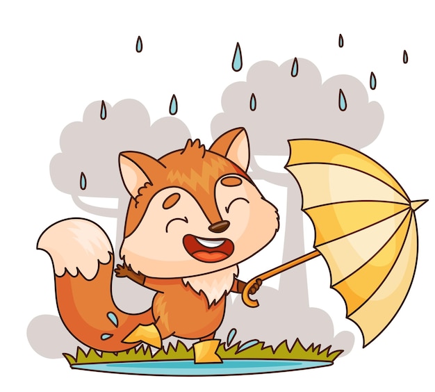 Vecteur personnage fictif heureux avec un parapluie sous la pluie vecteur d'organisme de dessin animé