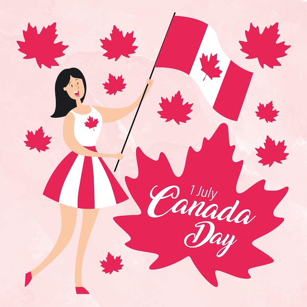 Personnage De Fille Heureuse Avec Un Drapeau Du Canada Bonne Fête Du Canada