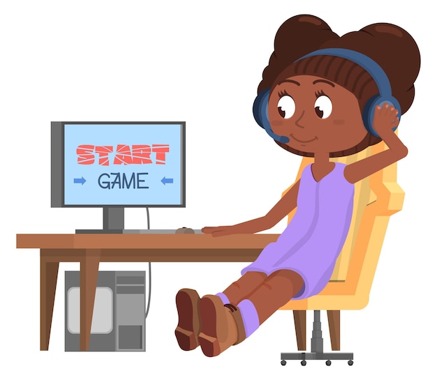 Vecteur personnage de fille de joueur enfant jouant à des jeux informatiques